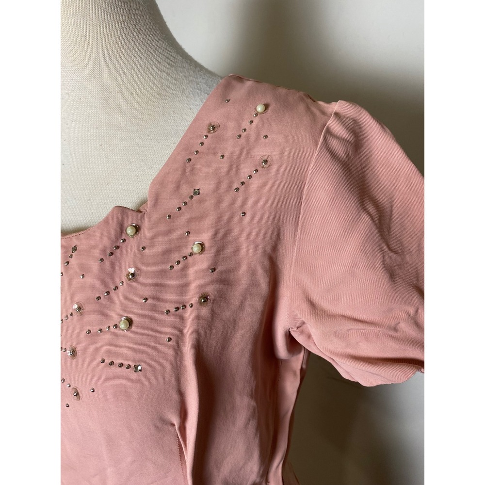Vintage 1940s Reich Original Pink Beaded Starburst Scalloped Midi Dress - Picture 3 of 7